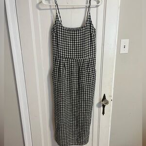 Quince Womens 100% European Linen Scoop Neck Midi Dress Classic Mini Gingham XS